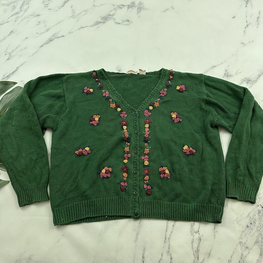 Huntington Ridge Womens Vintge 90s Cardigan Sweater Size L Green Floral Cottage